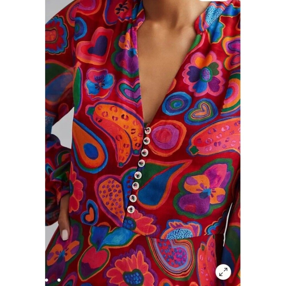 Farm Rio Sheer Midi Dress Asymmetric Hem Colorful Boho Heart Mushroom Large New - Picture 2 of 9